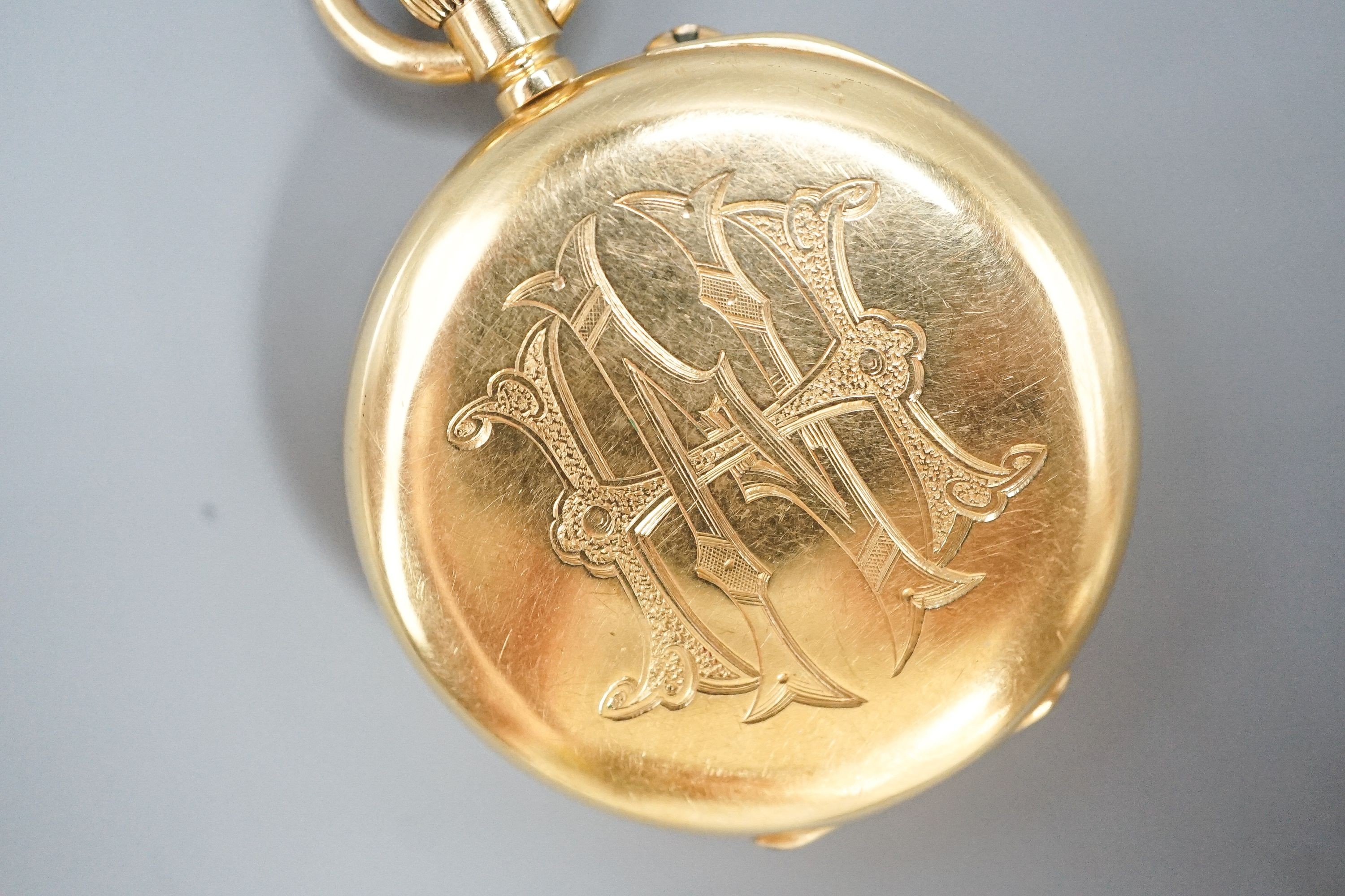 A continental 18k open face fob pocket watch, case diameter 37mm, gross weight 40.9 grams.